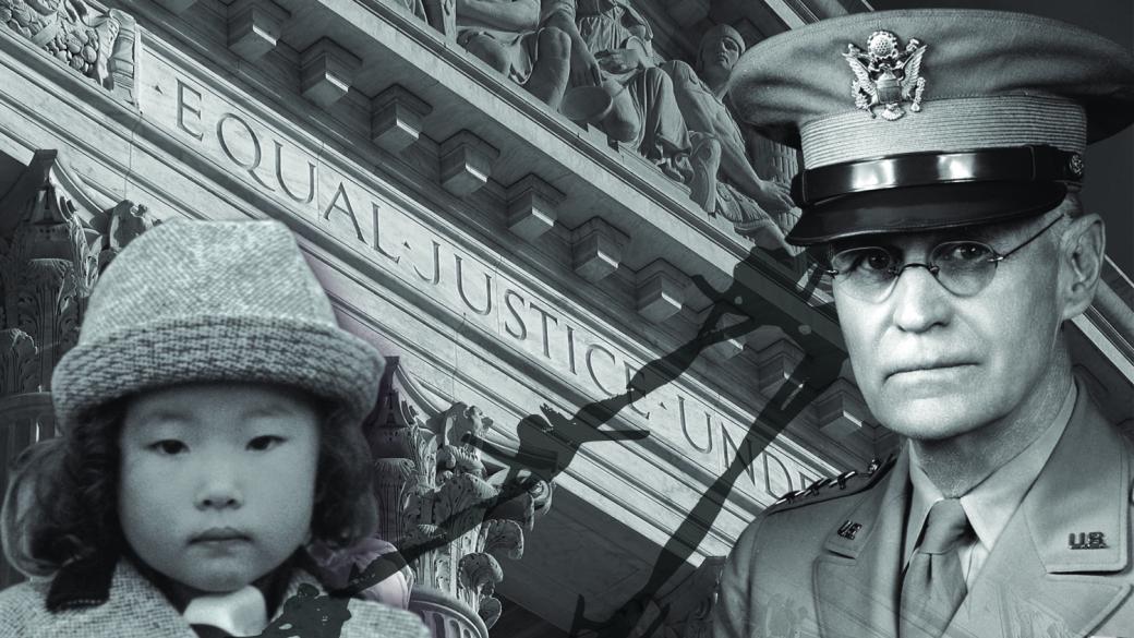 A black and white collage showing a very young Japanese-American child and a white U.S. military officer set in front of the United States Supreme Court building and separated by barbed wire. Visible on the building, "Equal Justice Under….”