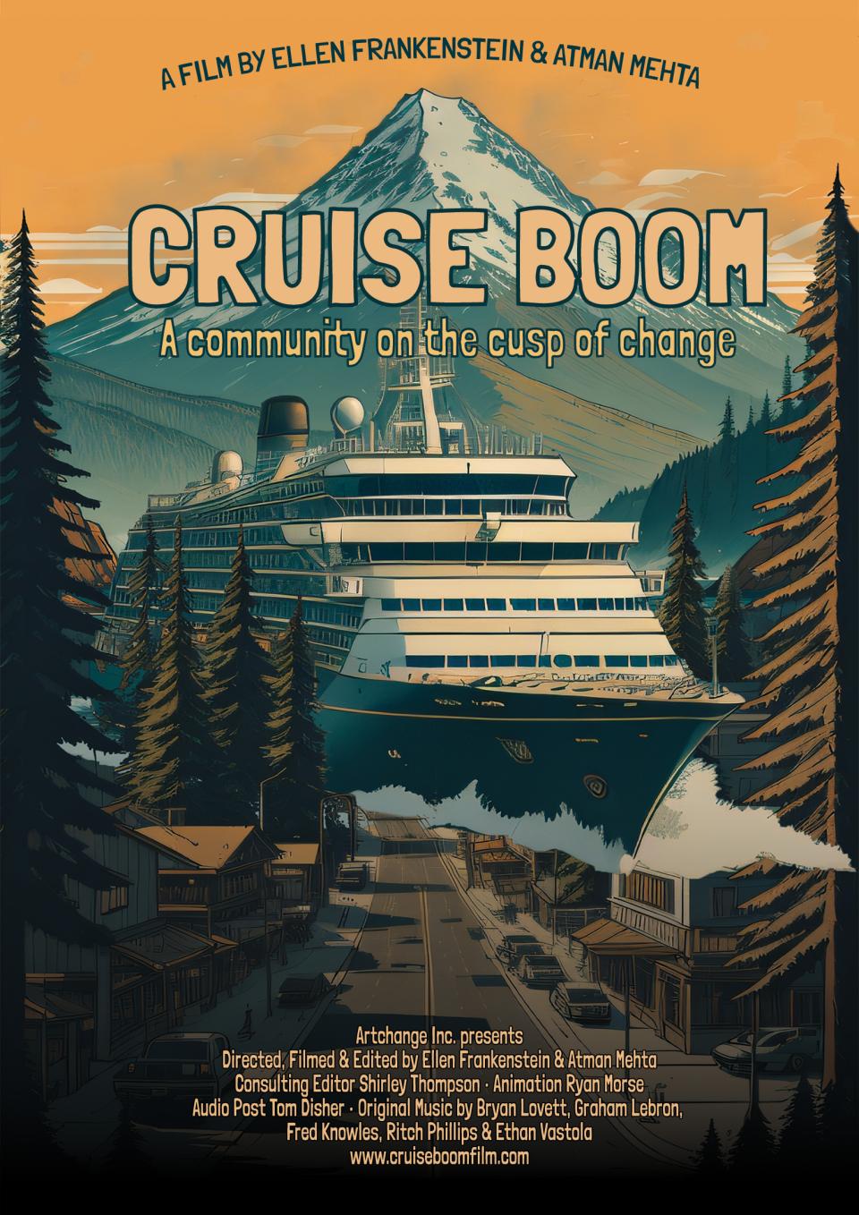 Cruise Boom poster: The Alaskan wild is beautifully painted and a cruise ship sails right through the middle of the poster. 
