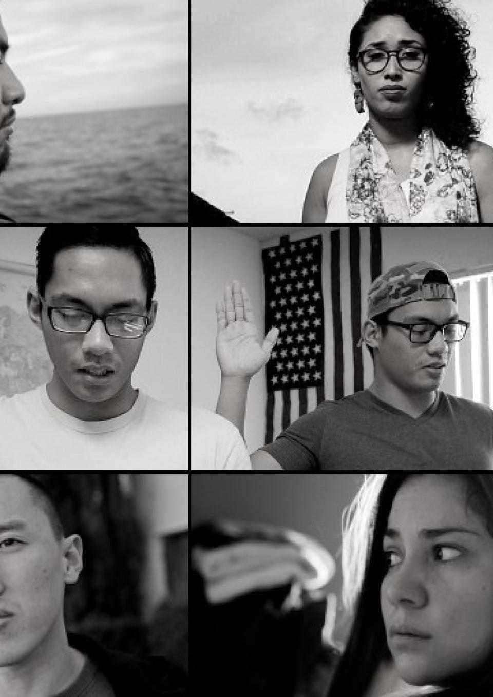 A row of six black and white portraits of immigrants to the United States taken from the film. They are serious and thoughtful. A U.S. flag hangs on the wall behind two of the people.