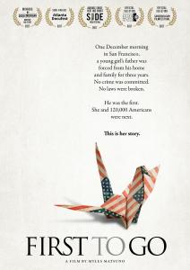 Film poster for "First To Go" by Myles Matsuno. The film title, festival laurels, and an origami crane fashioned out of paper printed with U.S. flags.