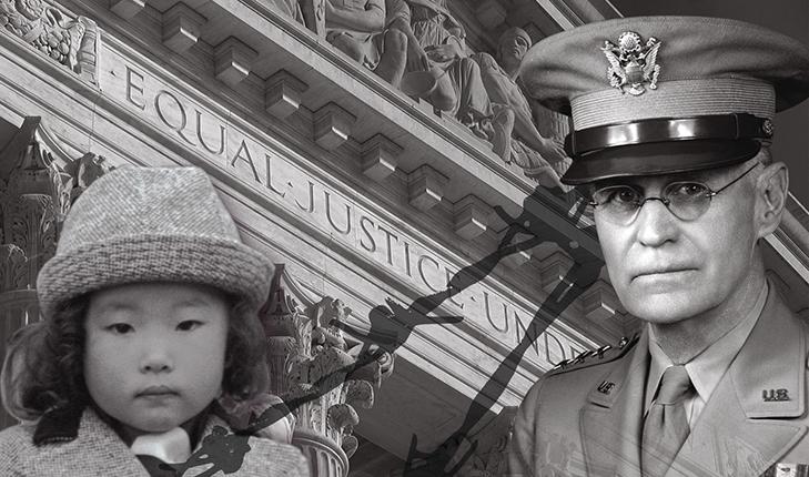 A black and white collage showing a very young Japanese-American child and a white U.S. military officer set in front of the United States Supreme Court building and separated by barbed wire. Visible on the building, "Equal Justice Under….”