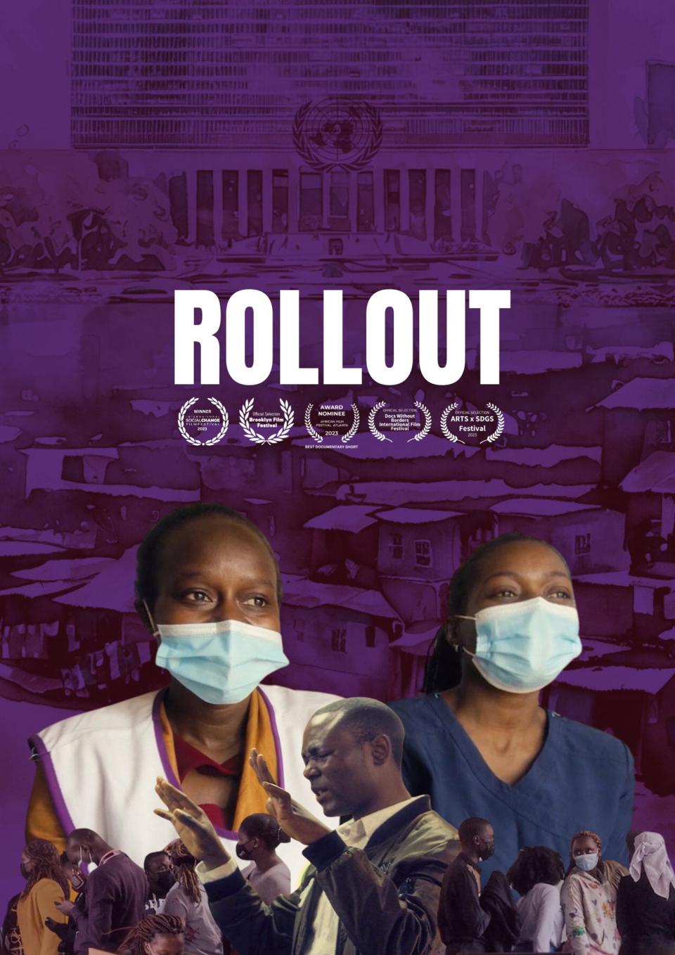 Over a purple background, two cut-out photos of African women wear masks, overlapping them is a cut-out of an African man addressing a crowd. The title "Rollout" appears in bold white font. 
