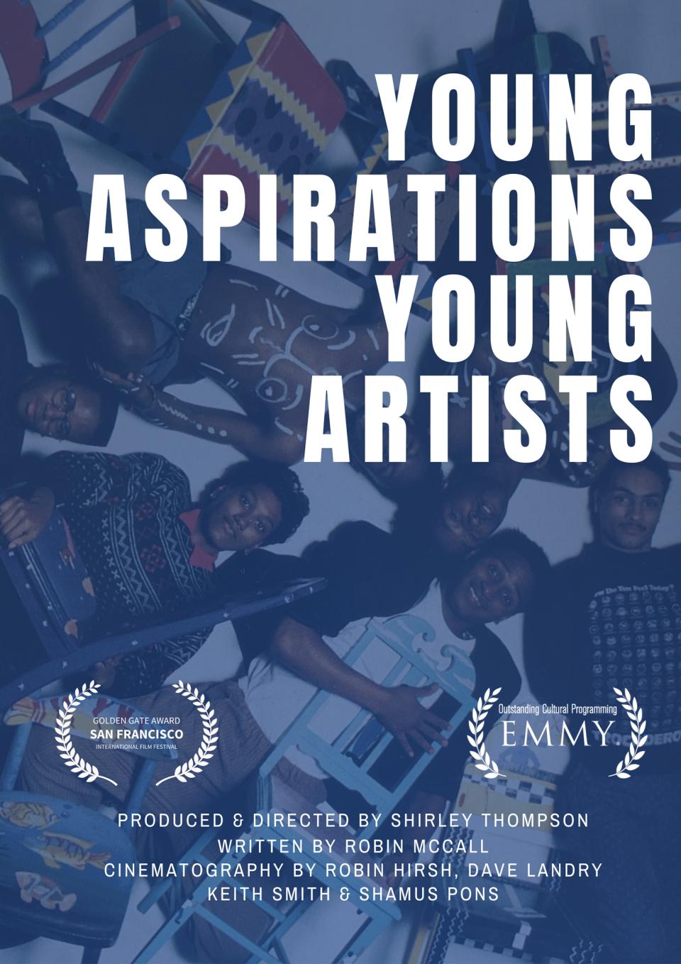 Hip young black artists holding their colorful chair art, tinted in blue with the text Young Aspirations Young Artists.