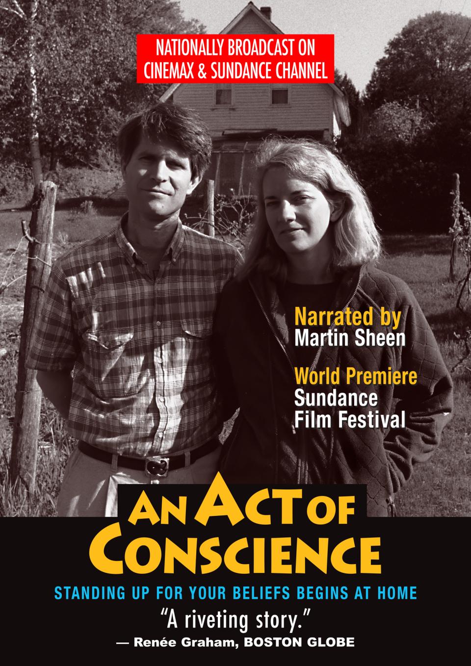 A black and white photograph of a man and woman standing in a field with a country house in the background. Both, who look to be in their middle years, are smiling at the camera. In bold yellow letters "An Act of Conscience" is displayed below the couple.