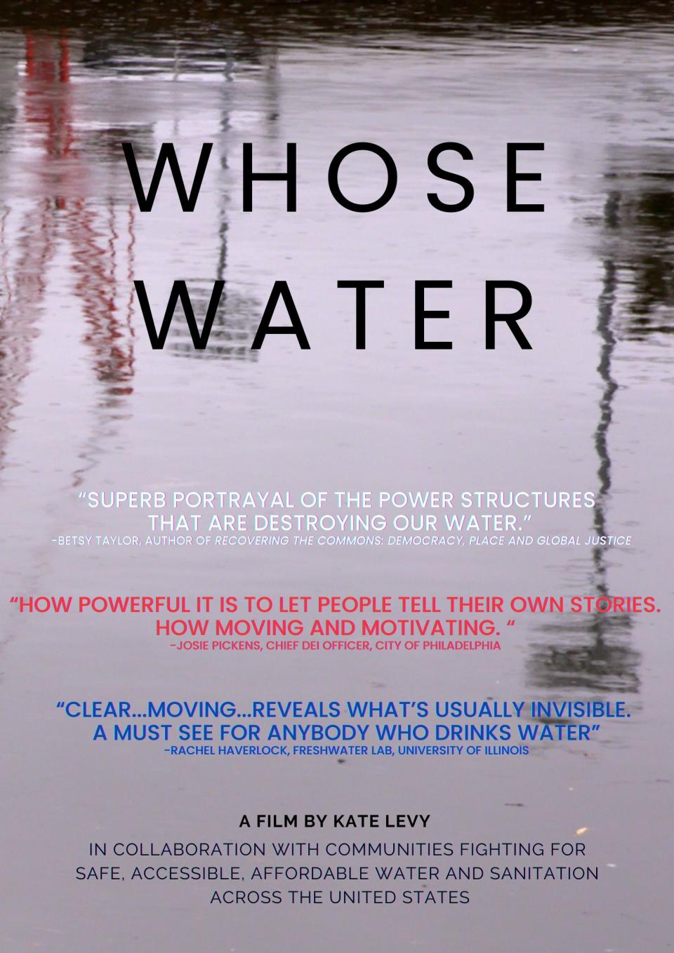 The background photo is a blurry reflection of a river with the title in slender black lettering: "Whose Water"