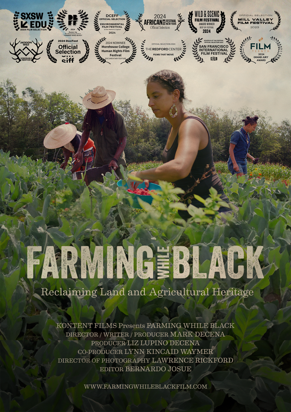 A group of Black farmers at work in a green field, a woman with braids and a hoop earing in the foreground. The title "Farming While Black" float above the green vegetation in blockly yellow letters. A series of film festival laurels sit at the top of the frame. 