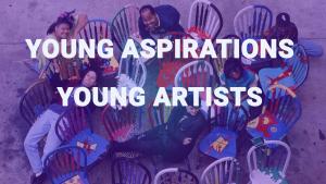 Hip young artists of color and their vibrantly painted fine art chairs, image tinted purple with the title Young Aspirations Young Artists in bold. 
