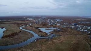 Aerial image of the village of Quinhagak, Alaska