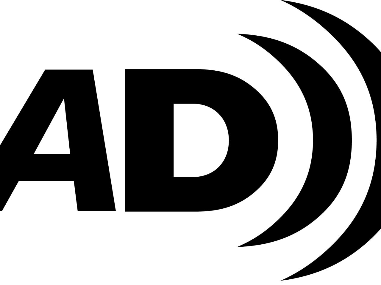 Logo for Audio Description has the letters A and D with arcing lines radiating off the D like sound waves.