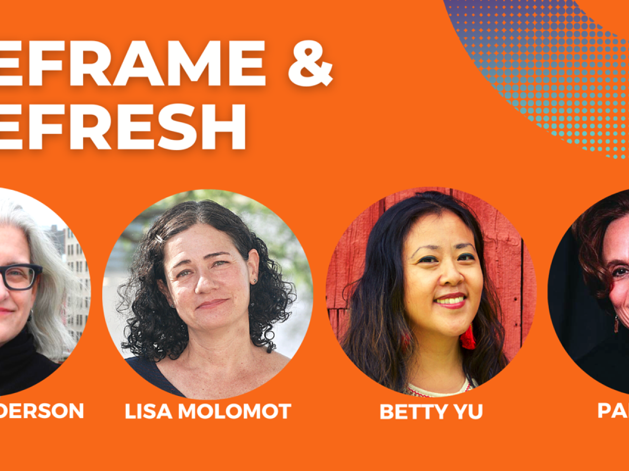 Flyer for Reframe and Refresh Thursday Feb 23, 2023 2:00pm EST Examining Films on Resistance Movements. Image has an orange background and portraits of four women Kelly Anderson, Betty Yu, Lisa Molomot, Pam Sporn