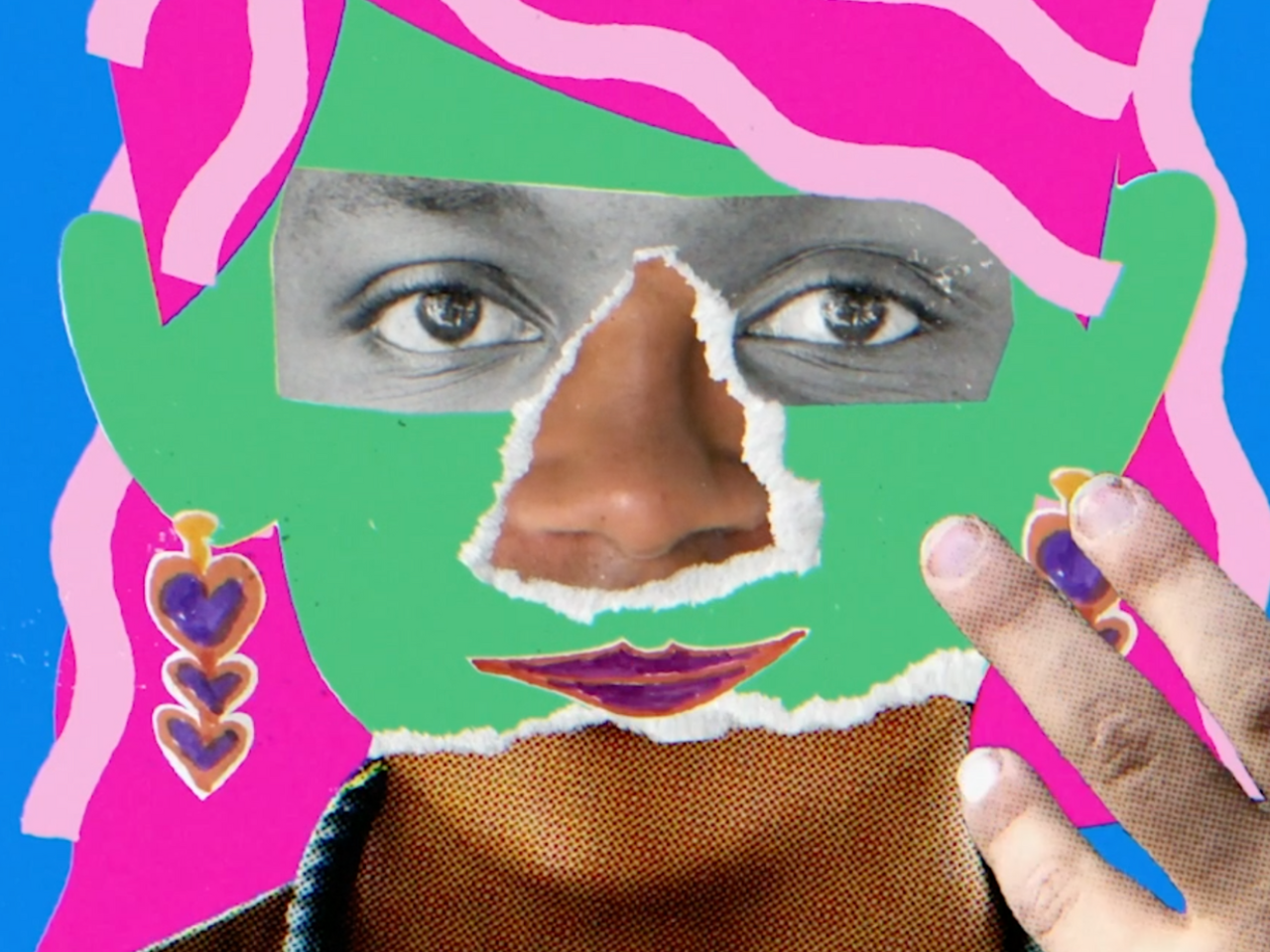 A still from Mama Has A Mustache. A person with brown skin faces the camera and has one hand raised up near their face. The photo is collaged over with eyes from a black and white photo, torn green paper over much of the face, pink hair, dangly heart earrings drawn in marker, and a nose and mouth from other photos.