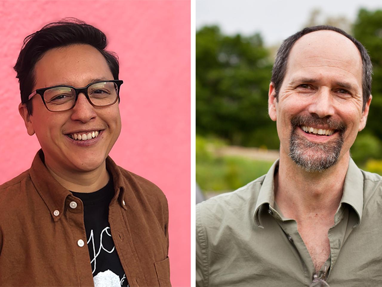 Headshots of Nat Ruiz Tofano, a multiracial filmmaker, and Todd McGrain, a white filmmaker, smiling for the camera.