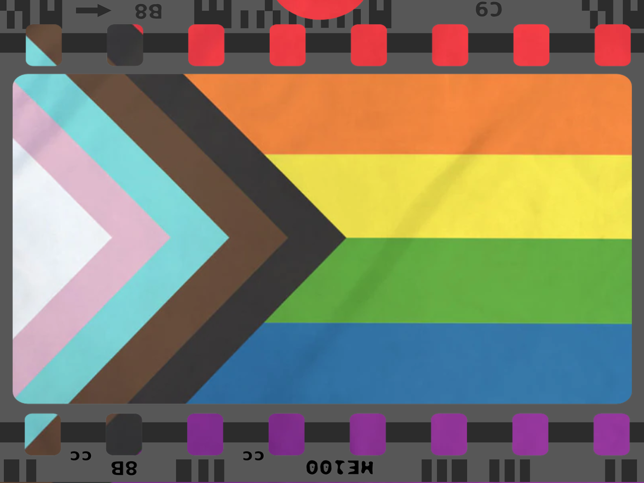 A BIPOC LGBTQ pride flag composited with a film strip.